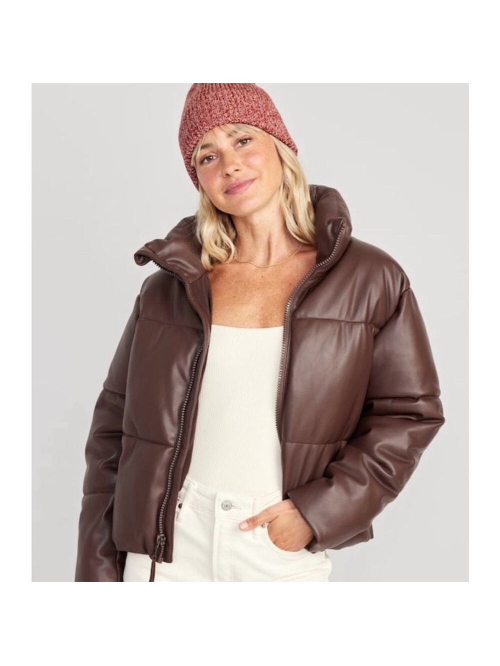 Old Navy Brown Puffer Jacket - Faux Leather Quilted Style